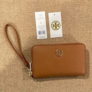 NWT! Tory Burch Robinson Metallic Smart Wallet in Luggage Brown